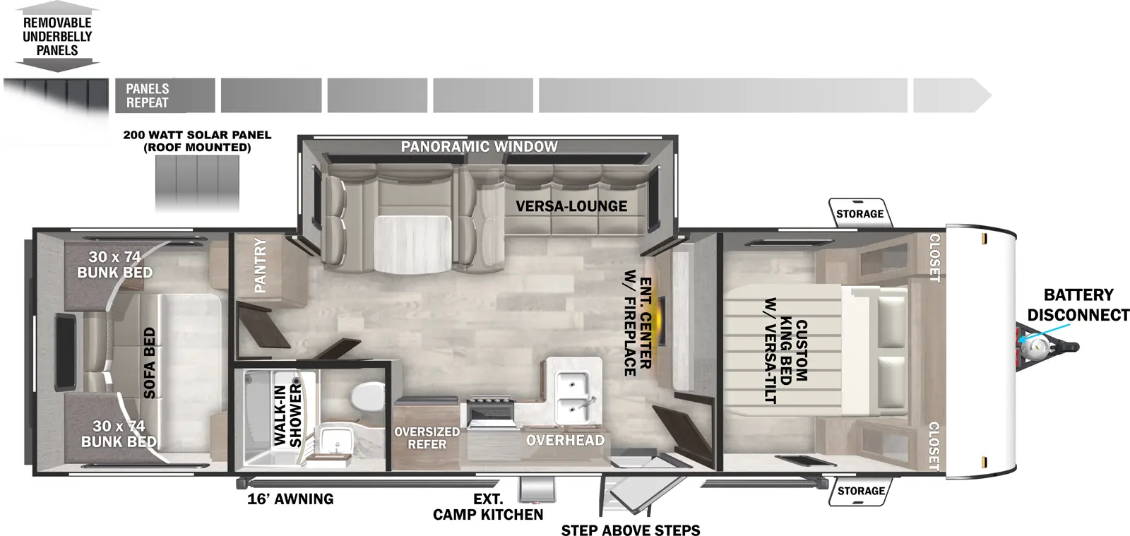 The Cruise Lite Northwest 28VBXL floorplan has one entry and one slide out. Exterior features include: metal exterior, 16' awning and outside kitchen. Interiors features include: bunk beds, u-dinette and front bedroom.